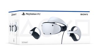 A box of PSVR 2, which shows the PSVR2 and controllers