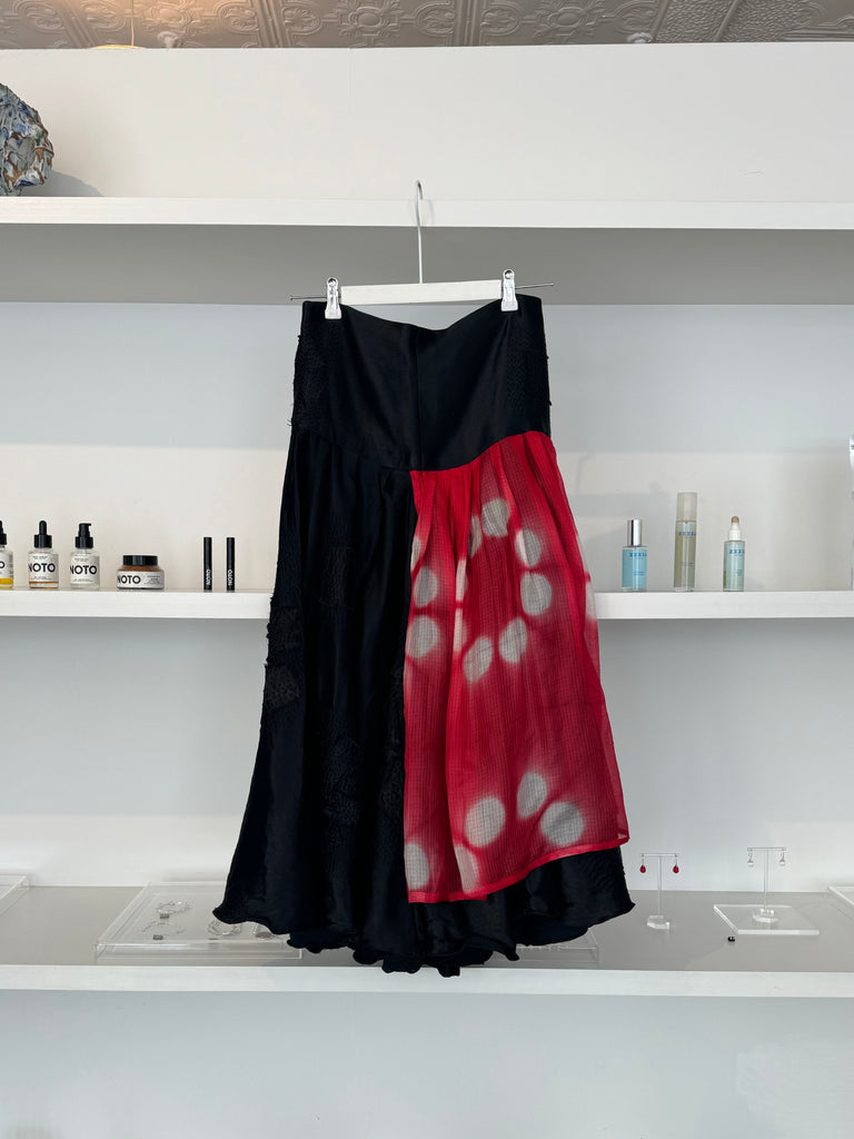 Sheer Panel Skirt With Patches/kantha, Black With Red Moon