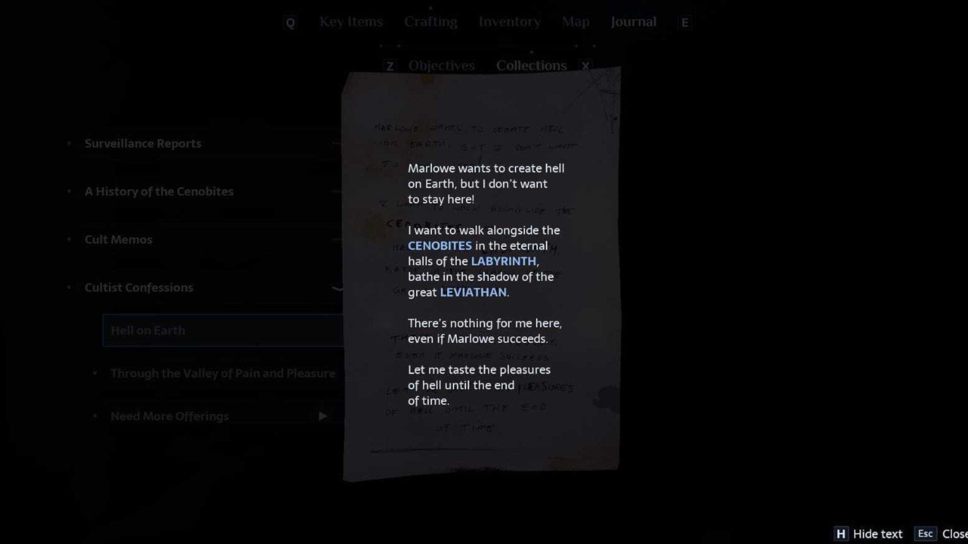 A screenshot of the Hellraiser: Revival easter egg, the note from a cultist titles Hell on Earth