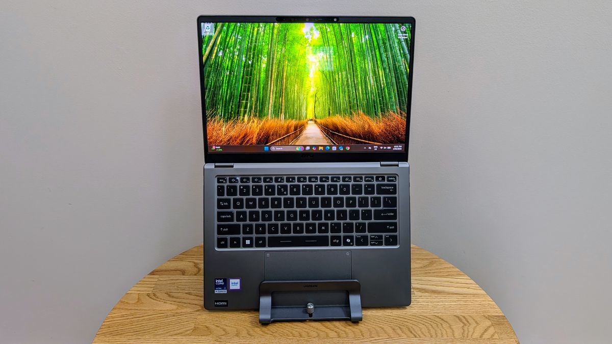 MSI Prestige 14 AI+ open in a vertical stand