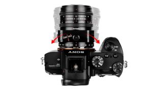 A top view of a Sony camera with a 7Artisans lens, showing dials for settings and focus distances, highlighted by red arrows