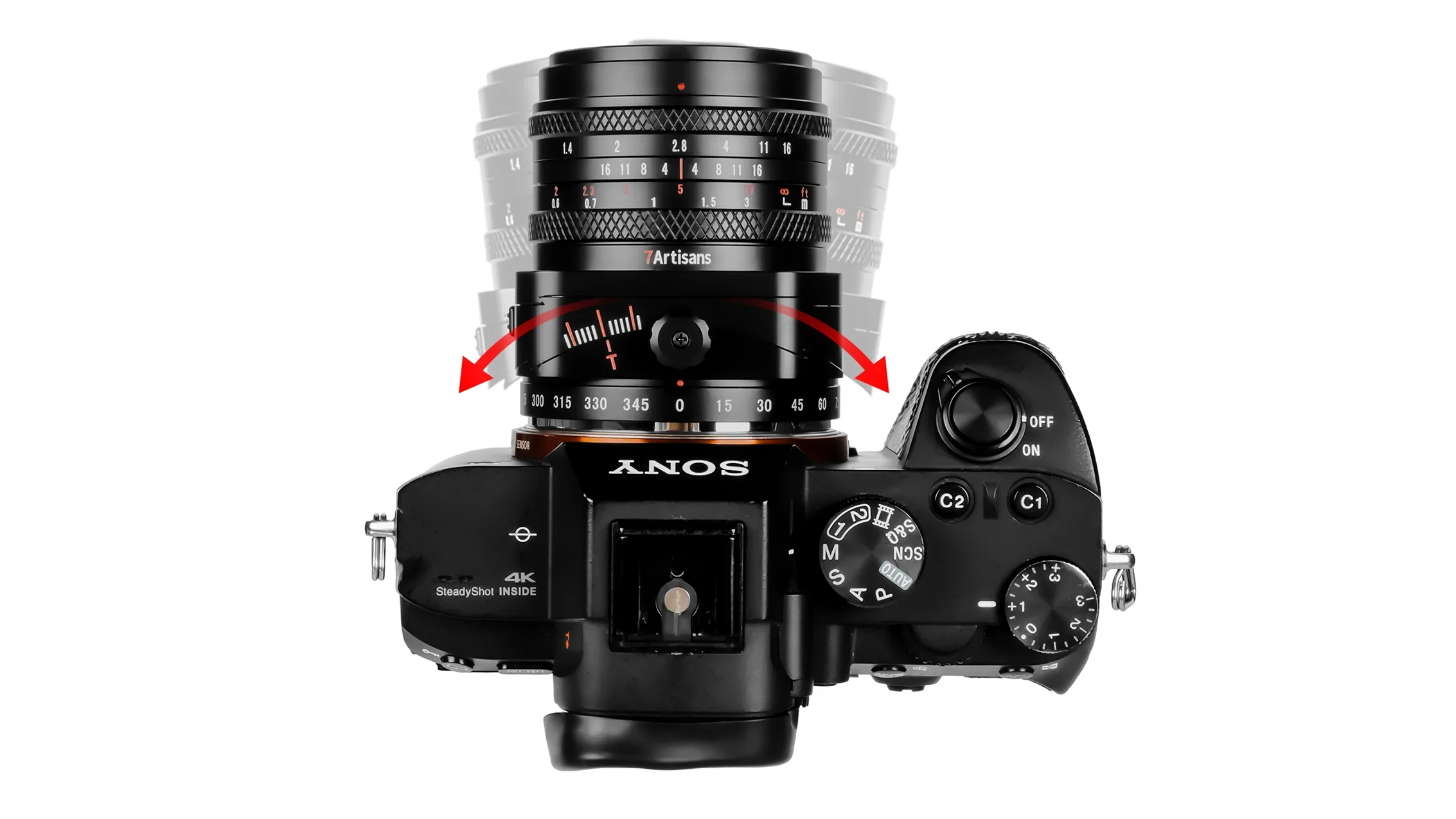 A top view of a Sony camera with a 7Artisans lens, showing dials for settings and focus distances, highlighted by red arrows