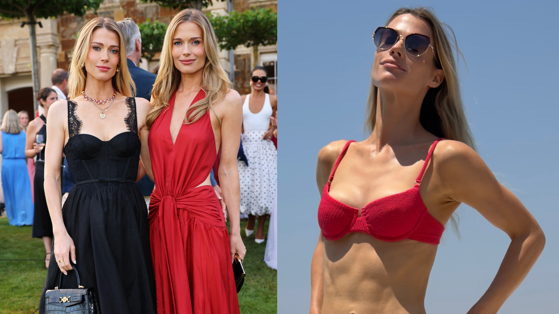 A split image of Amelia and Eliza Spencer in red and black dresses; Amelia Spencer in a red bikini