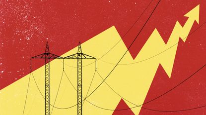 A graphic with electricity pylons and a large yellow arrow to show rising energy prices