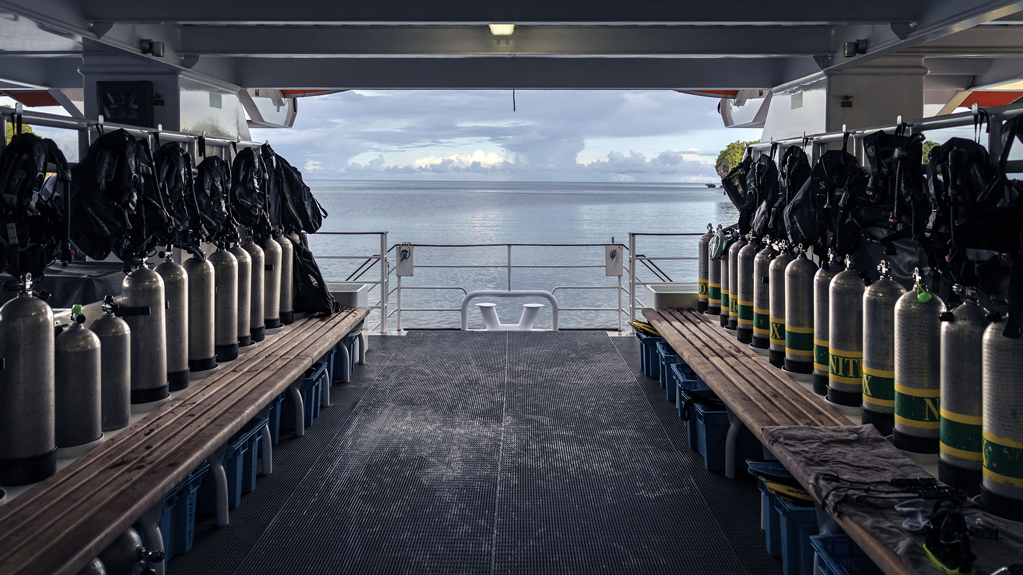 Scuba equipment ready for action on the Four Seasons Explorer in Palau