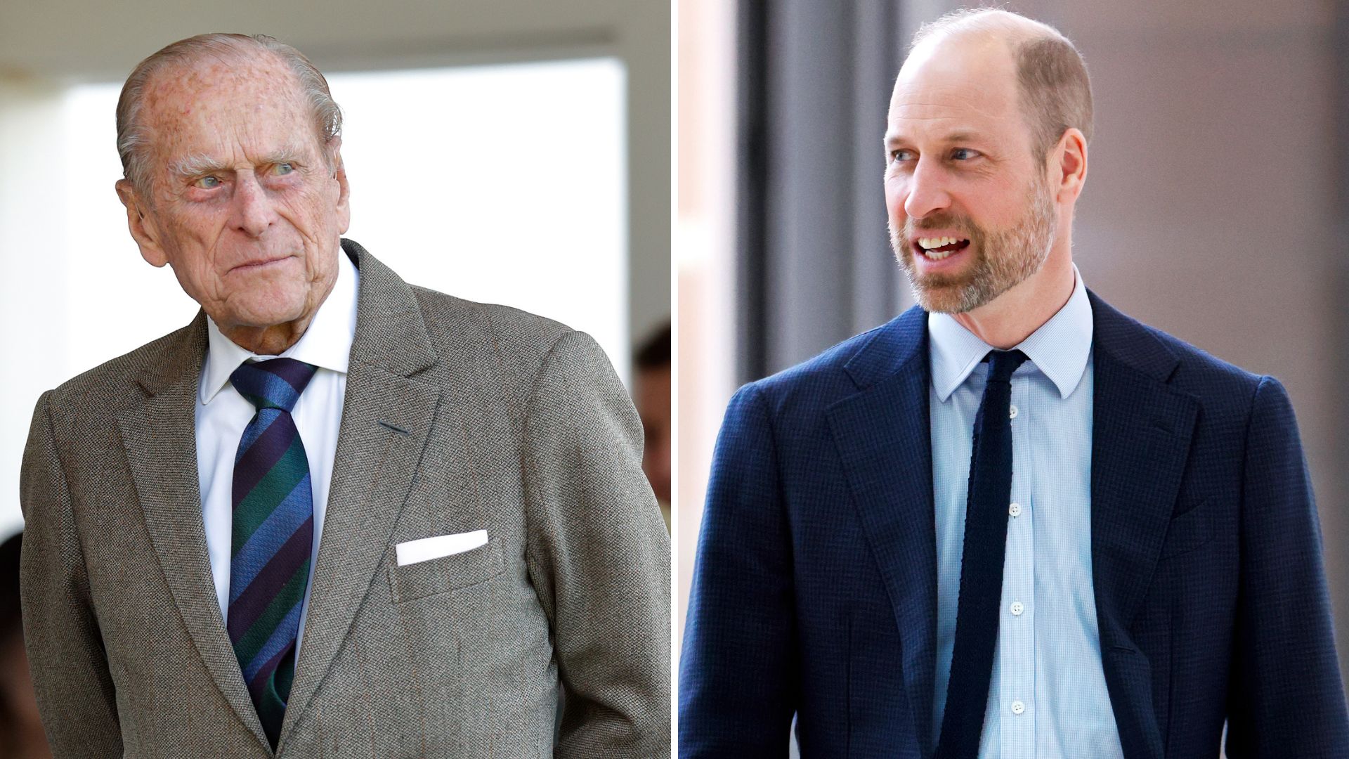 A composite of a picture of Prince Philip in 2017 and a picture of Prince William in 2026