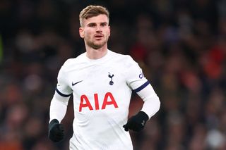 Timo Werner of Tottenham Hotspur during the Premier League match between Manchester United and Tottenham Hotspur at Old Trafford on January 14, 2024 in Manchester, England. (Photo by Robbie Jay Barratt - AMA/Getty Images)