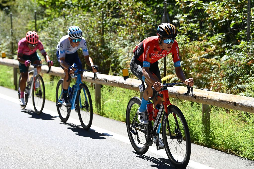 NAVACERRADA SPAIN SEPTEMBER 10 Gino Mder of Switzerland and Team Bahrain Victorious attacks during the 77th Tour of Spain 2022 Stage 20 a 181km stage from Moralzarzal to Puerto de Navacerrada 1851m LaVuelta22 WorldTour on September 10 2022 in Puerto de Navacerrada Spain Photo by Tim de WaeleGetty Images