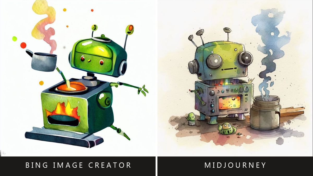 Bing Image Creator vs Midjourney prompt: Watercolor robot cooking.