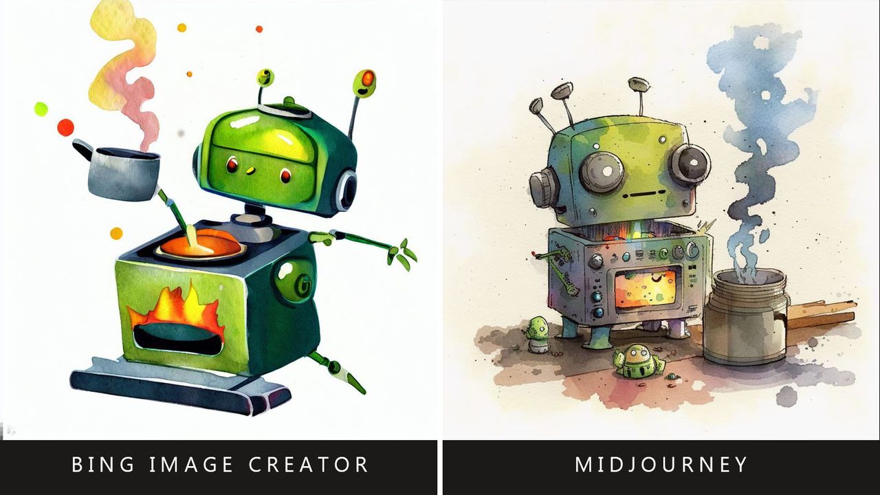 Bing Image Creator vs Midjourney prompt: Watercolor robot cooking.