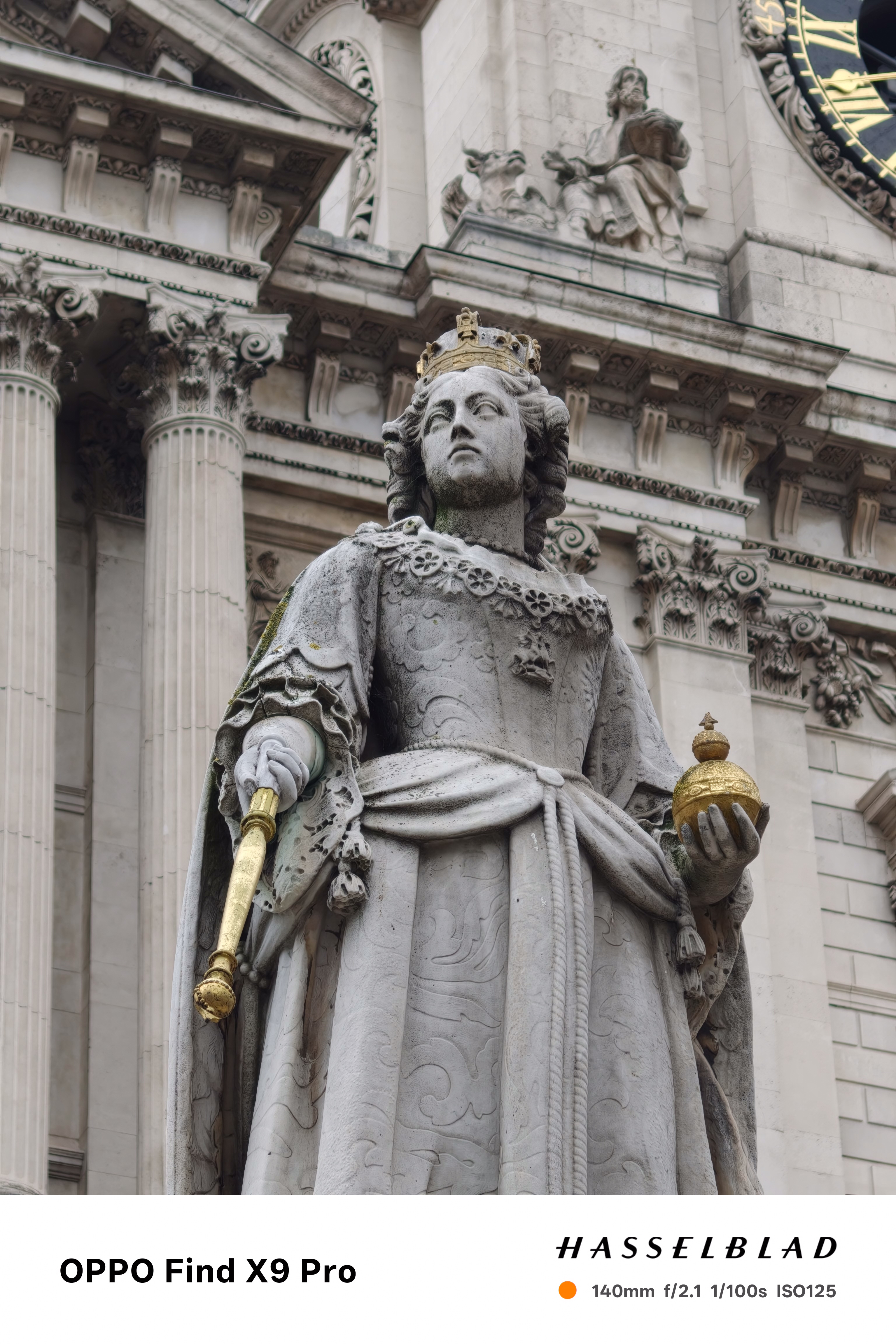 Close-up of the statue of Queen Mary outside Saint Paul's Cathedral