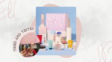 Image of the Boots Easter Beauty Box on a white marble background with a circular photo of Sennen unboxing the contents, a pink 'tried and tested' banner and pink motifs and swirls