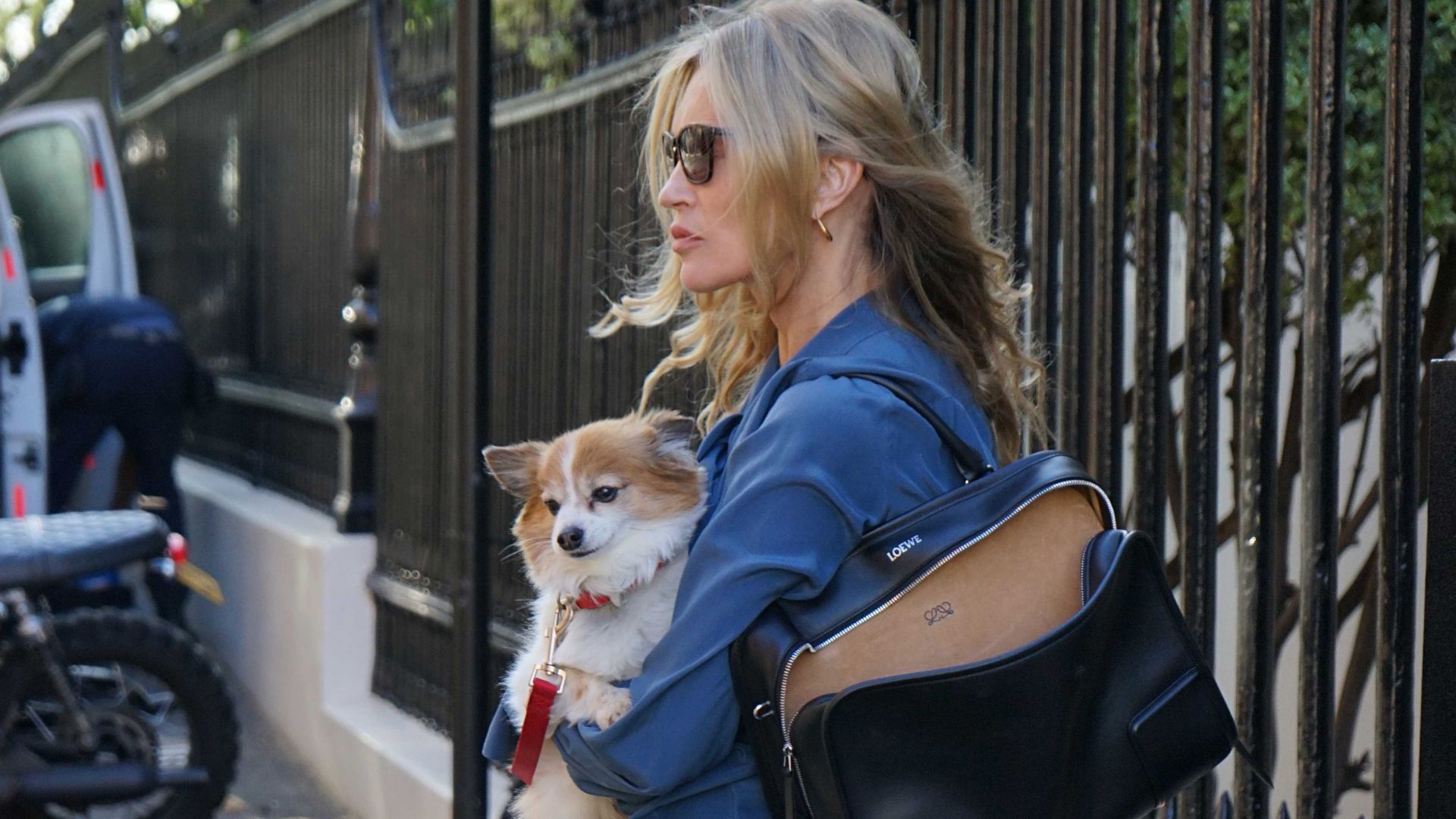Kate Moss stand outside in London carrying a dog in her arms with a Loewe bag over her shoulder. She wears a light blue denim skirt with black French-style strappy heels.