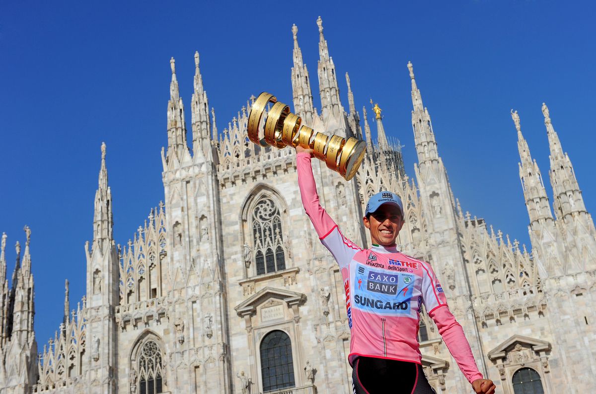 Alberto Contador celebrating the 2011 Giro. A race that he would later be stripped of