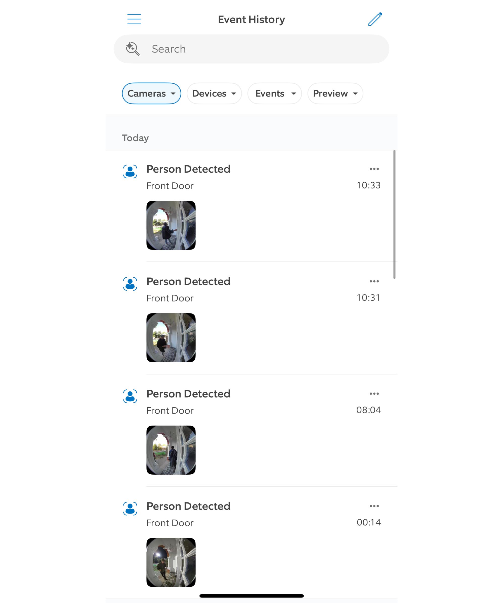 A screenshot of the event history on the Ring app, showing the quality of the Ring Battery Doorbell Plus.