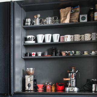 An open kitchen coffee-making station