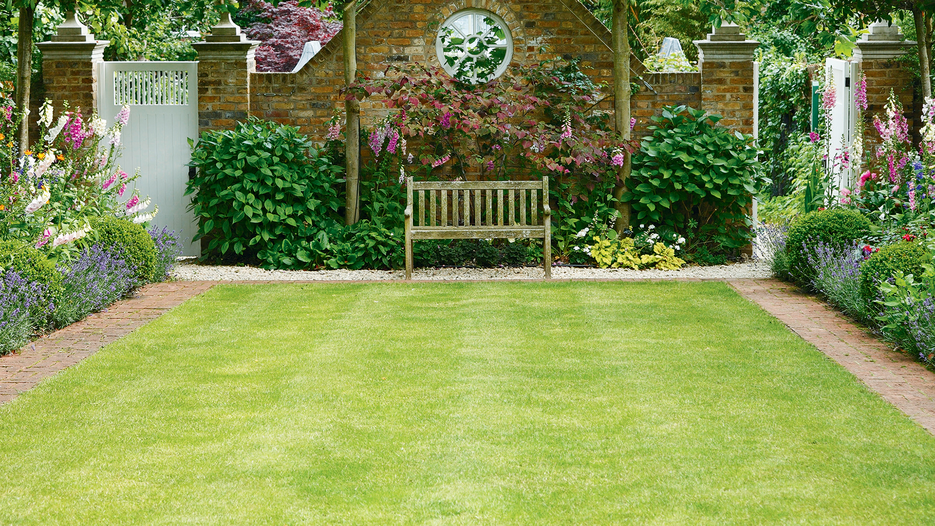 A perfect garden lawn in a walled garden with a bench at the edge of flower borders