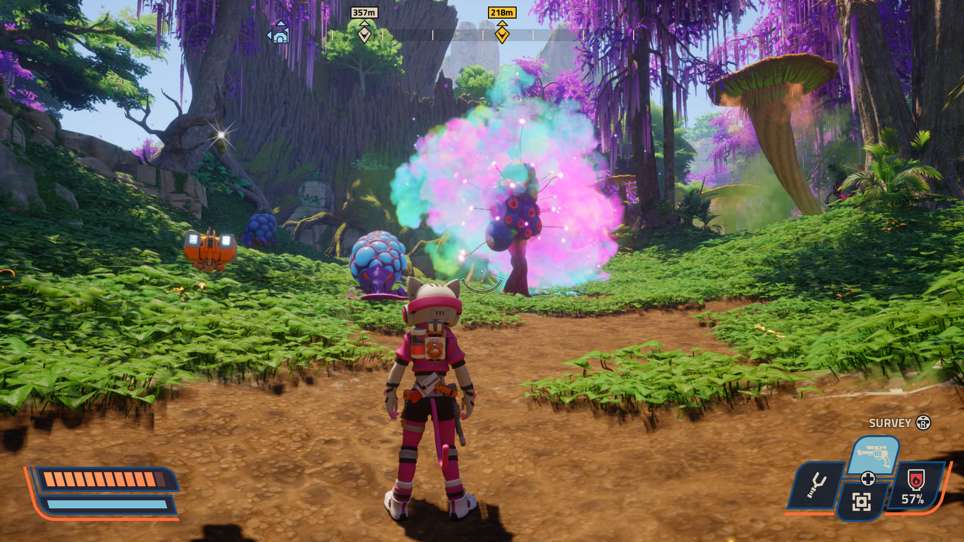 Standing in a lush forest in Revenge of the Savage Planet as a mushroom erupts into sparkly dust