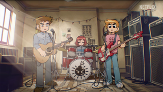 Shot from Scott Pilgrim Takes Off of Scott with bandmates.