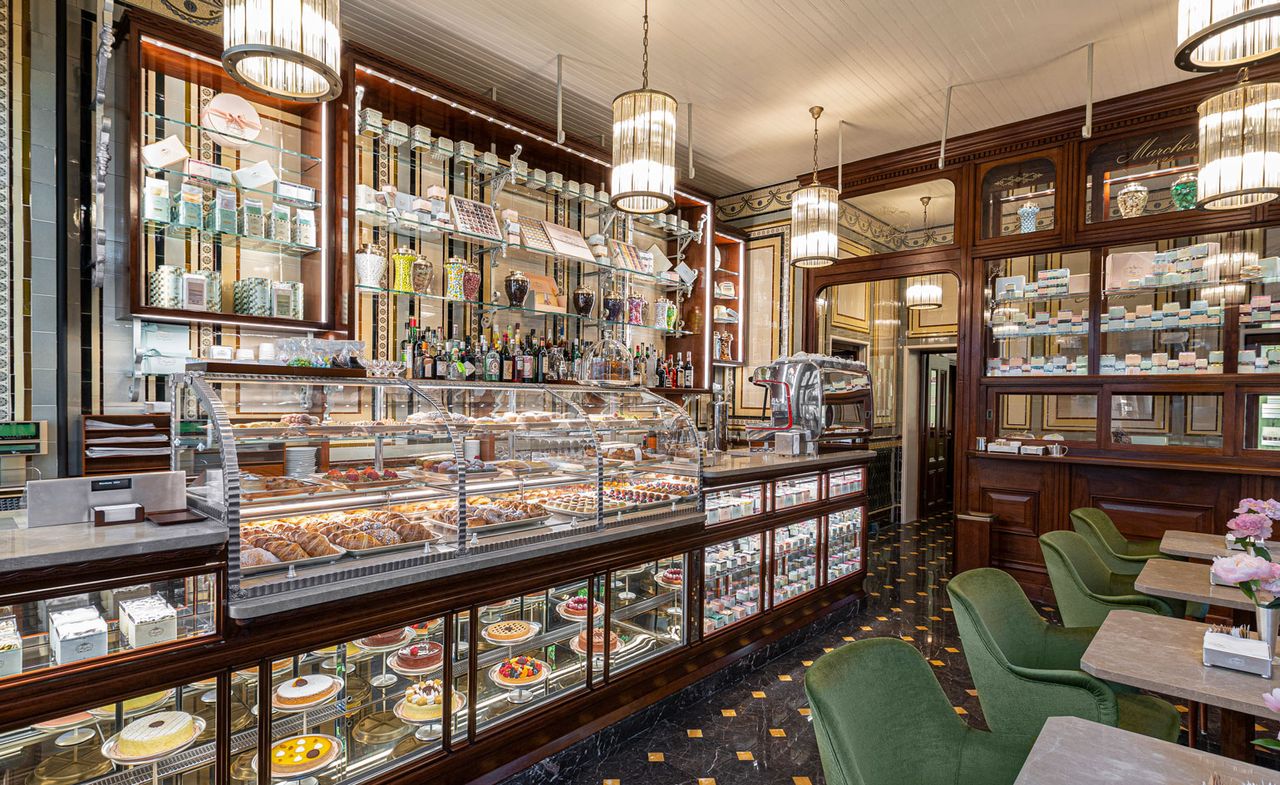 Inside view of Marchesi with food behind glass counters