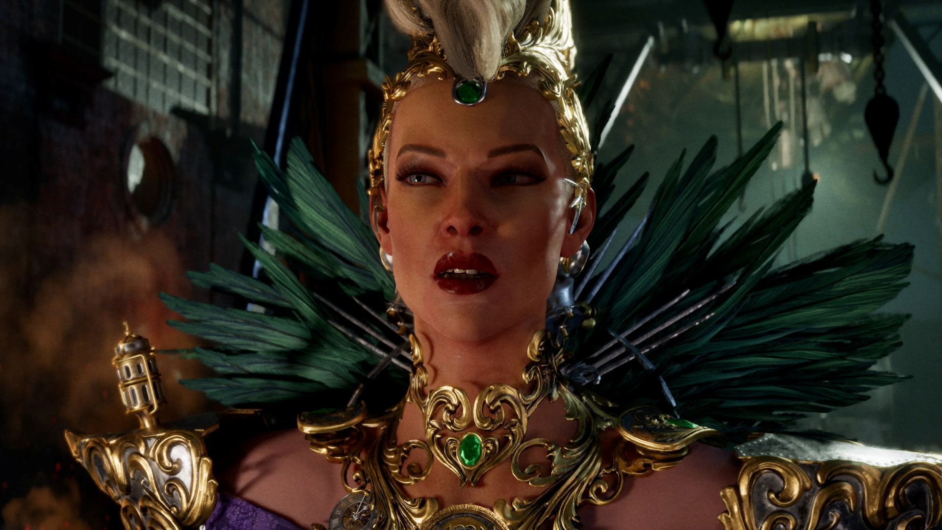 A woman adorned in gold jewels and an extravagant, feathery headpiece delivers a speech during a trailer for Clockwork Revolution.