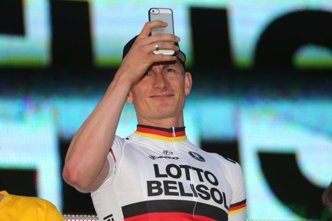 Andr&eacute; Greipel gets a photo of the crowd at the team presentation