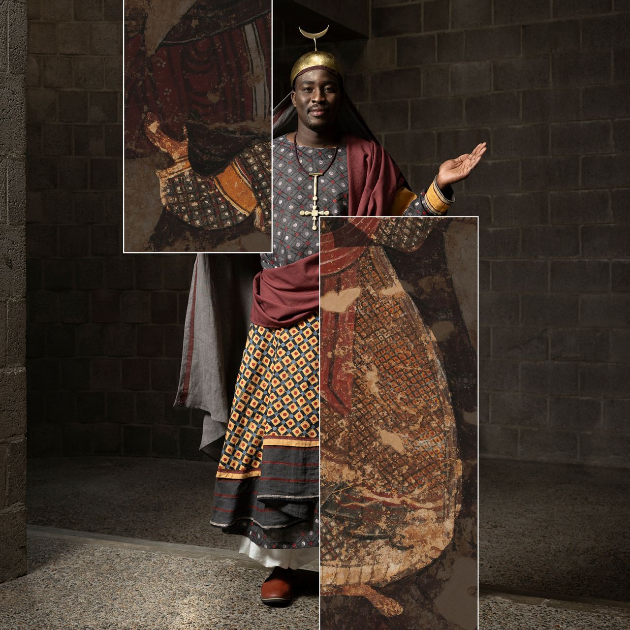 A model wears colorful patterned clothing with an ancient painting cutout next to the model for comparison