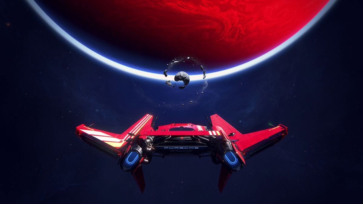 Intergalactic: The Heretic Prophet PS5 screenshot showing a Porche spaceship hovering outside the orbit of the planet Sempiria 