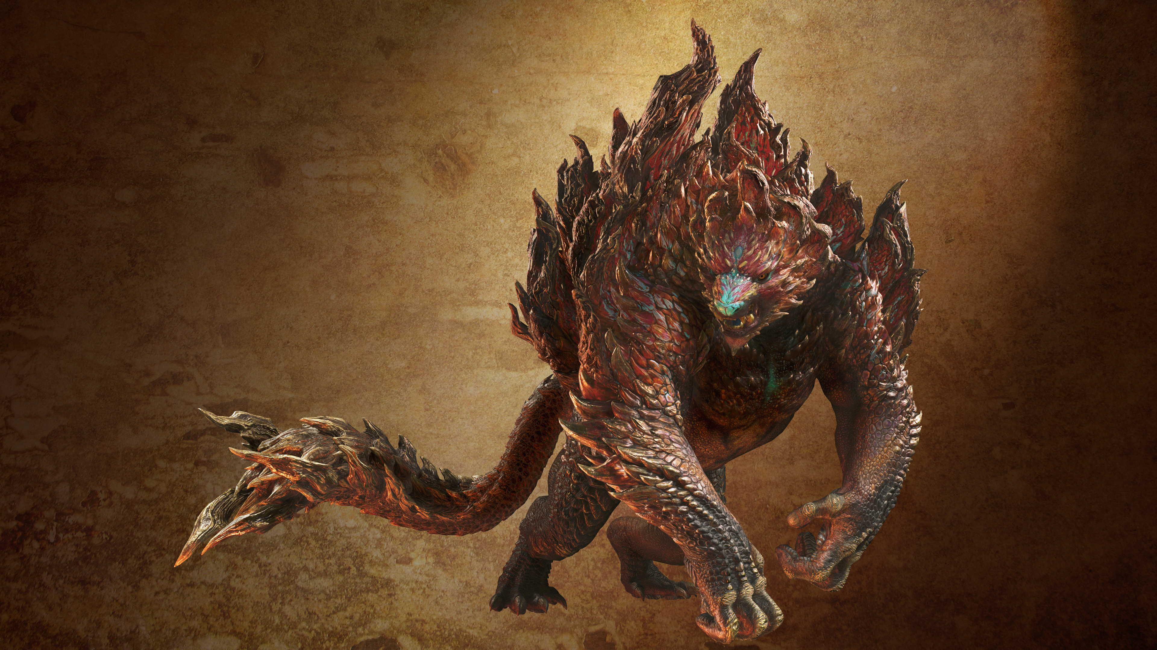 Ajarakan, a fiery, metal-plated fanged beast in Monster Hunter Wilds