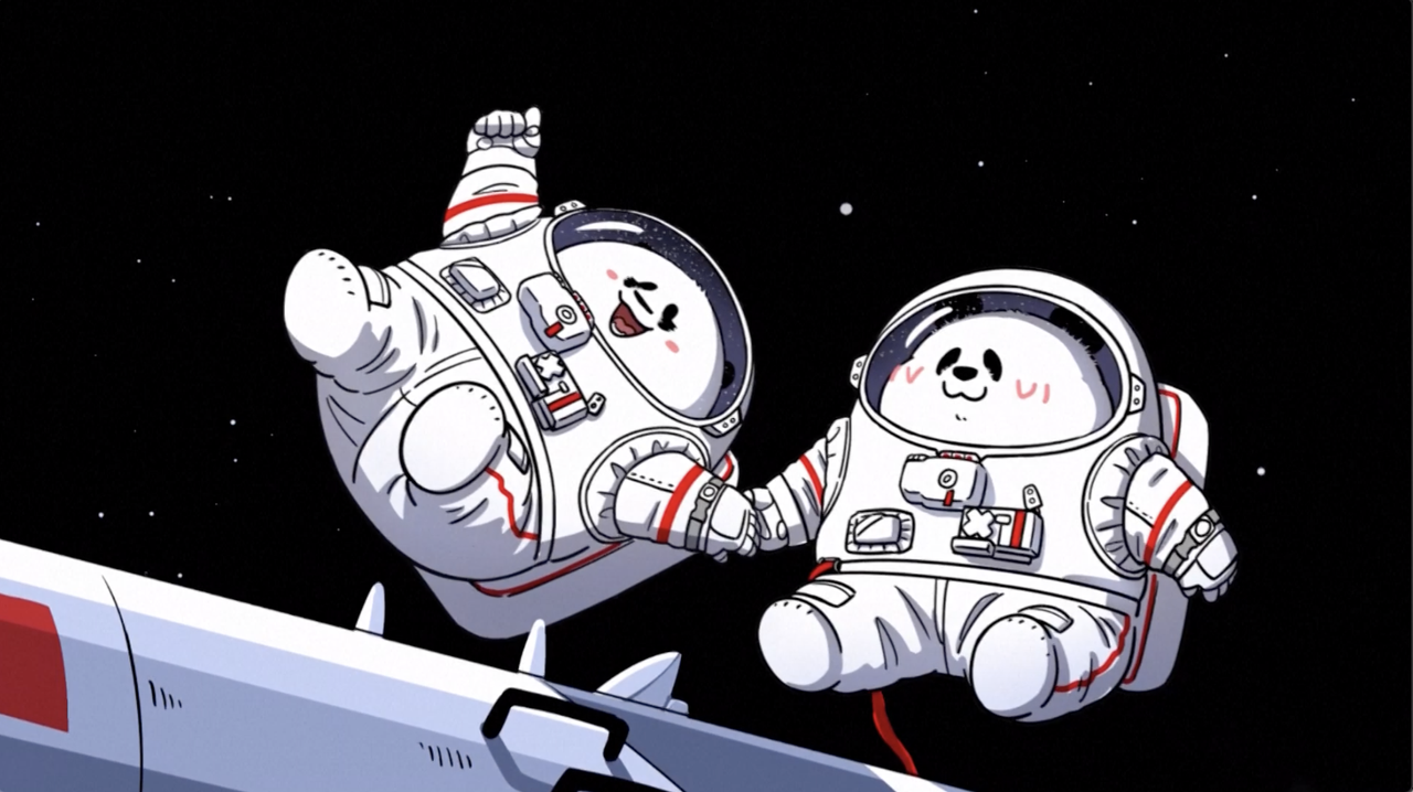 A still from an adorable cartoon from China depicting daily life on the country's Tiangong space station with Shenzhou 12 astronauts as pandas.
