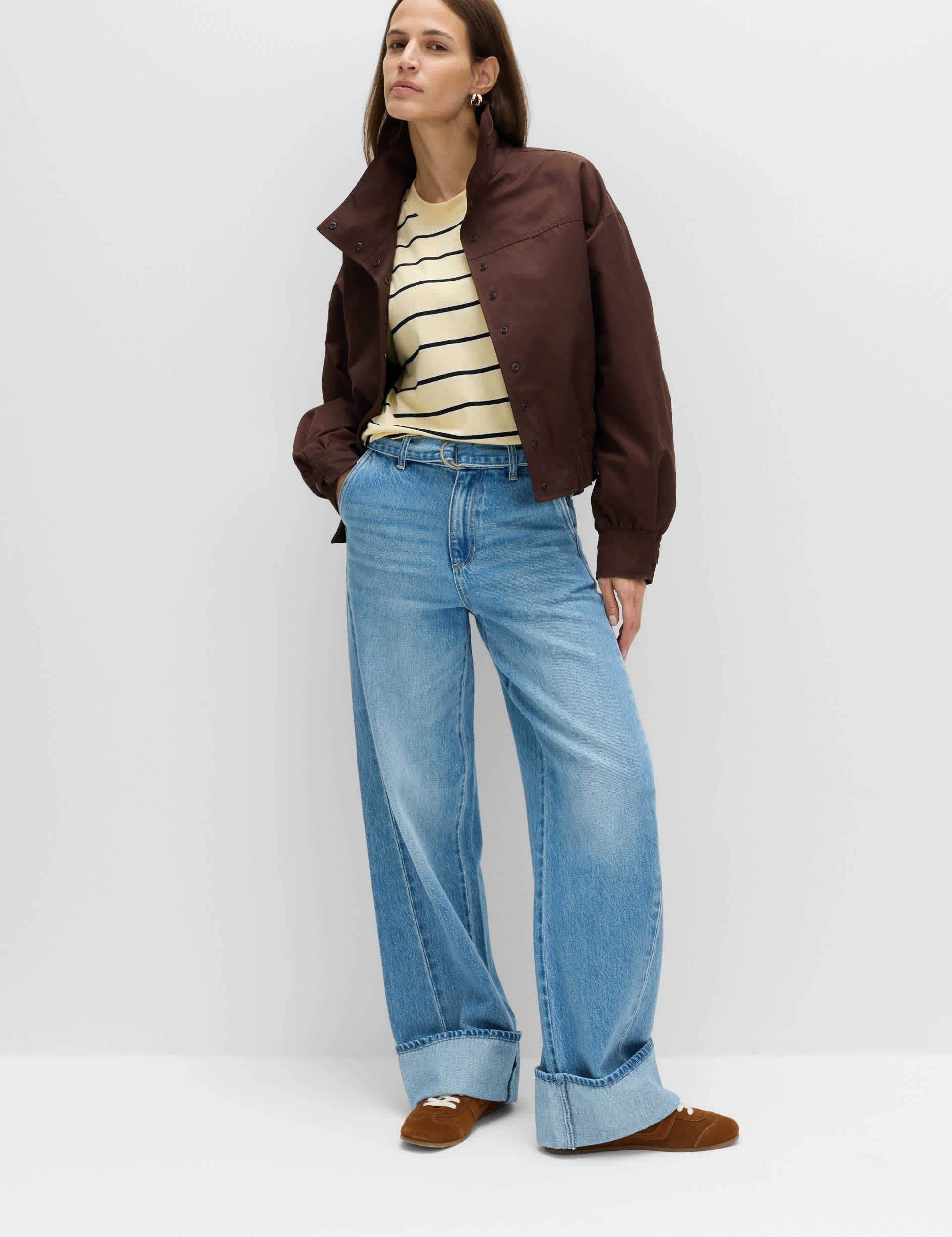Pure Cotton Belted Wide Leg Turn Up Jeans