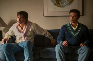 Nicholas Chavez as Lyle Menendez, Cooper Koch as Erik Menendez, sitting on a therapist's couch, in episode 202 of Monsters: The Lyle And Erik Menendez Story.