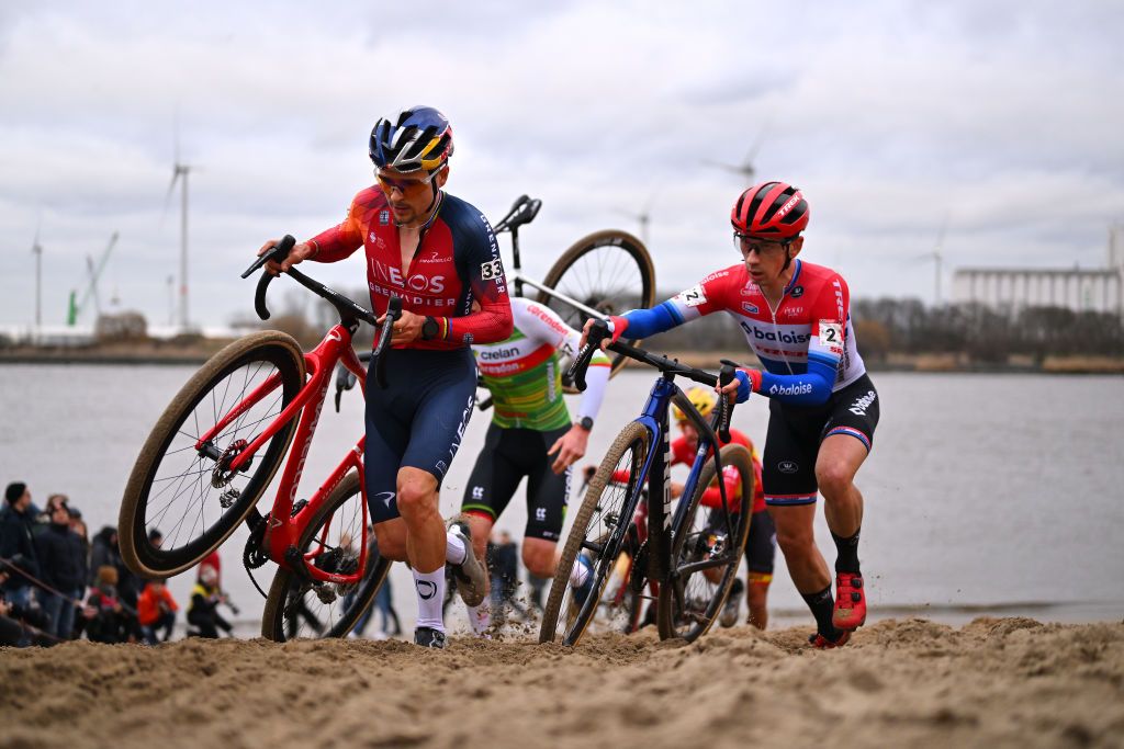 ANTWERP BELGIUM DECEMBER 23 LR Thomas Pidcock of The United Kingdom and Team INEOS Grenadiers and Lars van der Haar of The Netherlands and Team Baloise Trek Lions compete during the 17th UCI Cyclocross World Cup Antwerpen 2023 Mens Elite on December 23 2023 in Antwerp Belgium Photo by Luc ClaessenGetty Images