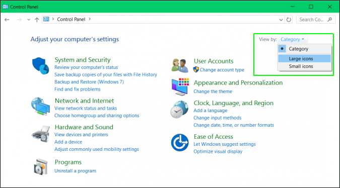 select large or small icons