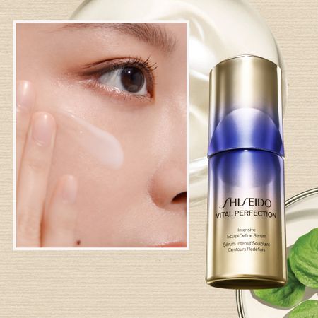Shiseido Vital Perfection SculptDefine Serum on a womens face next to the bottle and ingredients