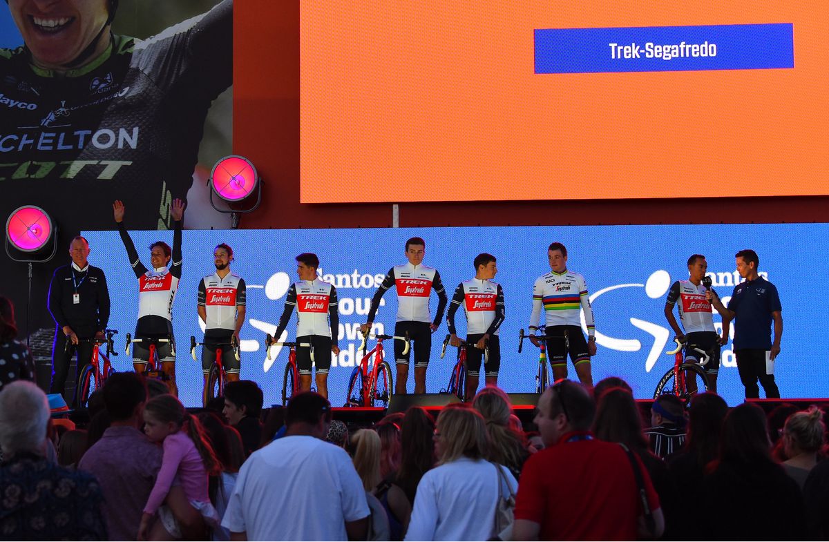 Trek-Segafredo are presented to the crowd