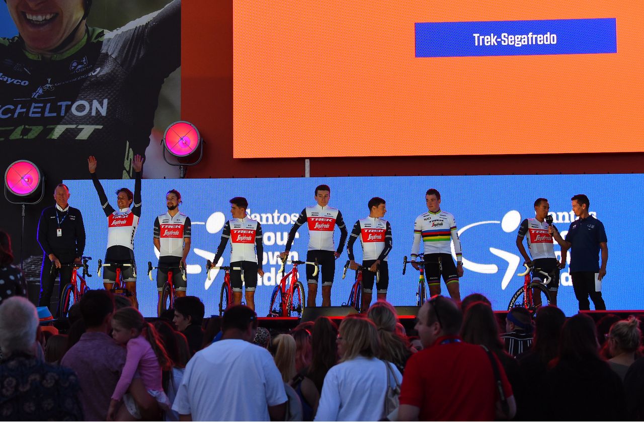 Trek-Segafredo are presented to the crowd
