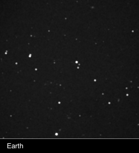 This two-frame animation blinks back and forth between New Horizons and Earth images of the star Wolf 359, clearly illustrating the different view of the sky New Horizons has from its deep-space perch.