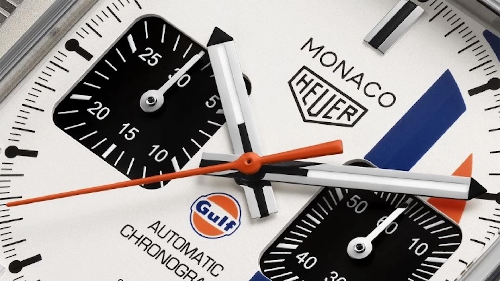 Zoomed in shot of the face of the limited edition TAG Heuer x Gulf Monaco watch