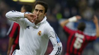 Real Madrid's forward Raul Gonzalez celebrates after scoring the first goal during the Champions League final opposing Real Madrid to Bayern Leverkusen, 16 May 2002 in Glasgow. AFP PHOTO DAMIEN MEYER (Photo by Damien MEYER / AFP) (Photo by DAMIEN MEYER/AFP via Getty Images)