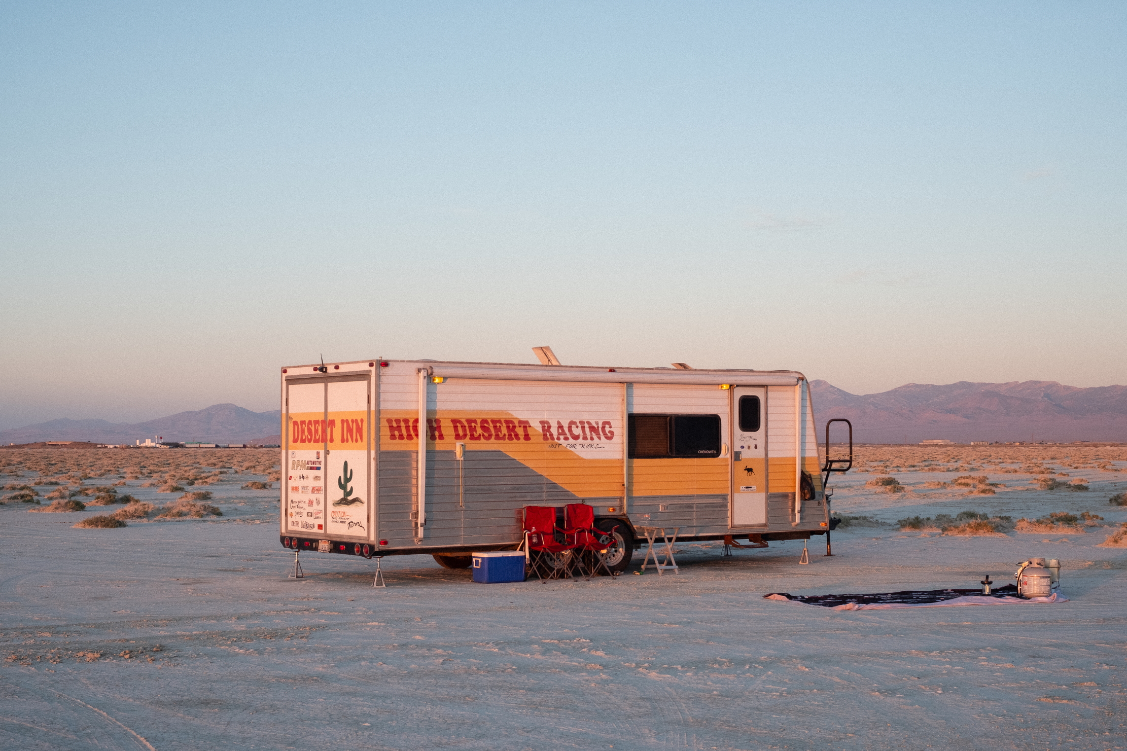 a lone winnebego in the salt flats