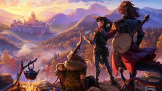 Concept art for Gameloft's Dungeons and Dragons survival-life sim - three fantasy characters gazing at a distant castle