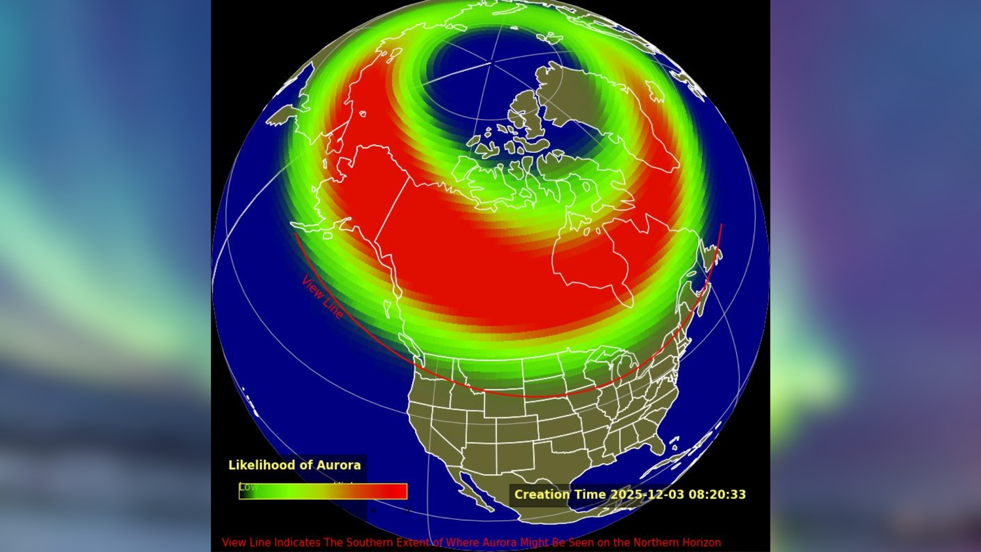 map showing which states auroras might be visible tonight.