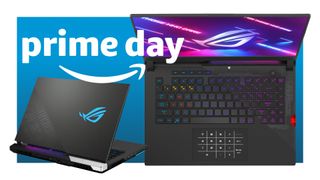 The Asus ROG Strix Scar 15 from the top down and back three quarter angle, with the prime day logo in the corner..