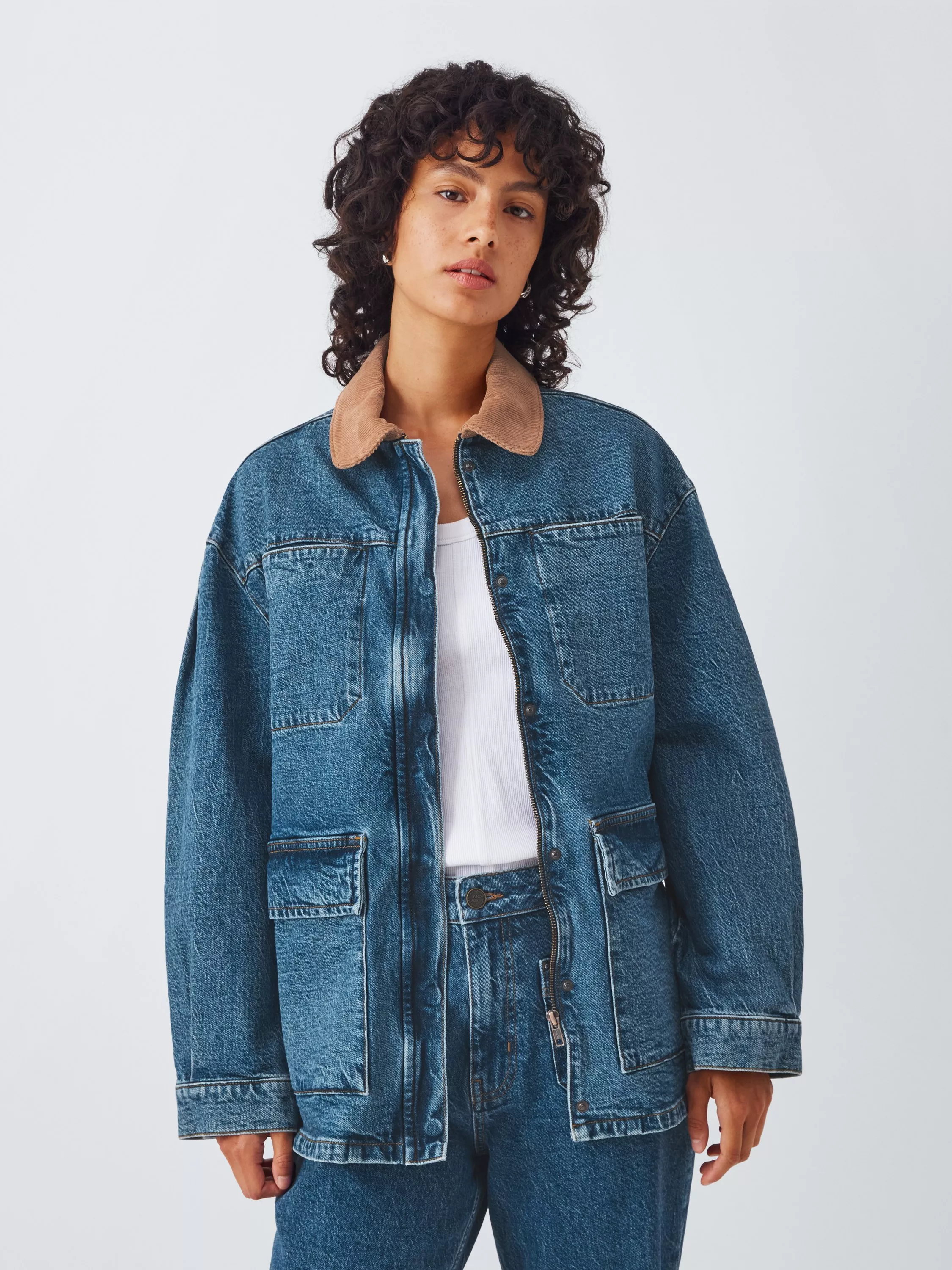 And/or Contrast Collar Denim Jacket, Mid Wash Blue
