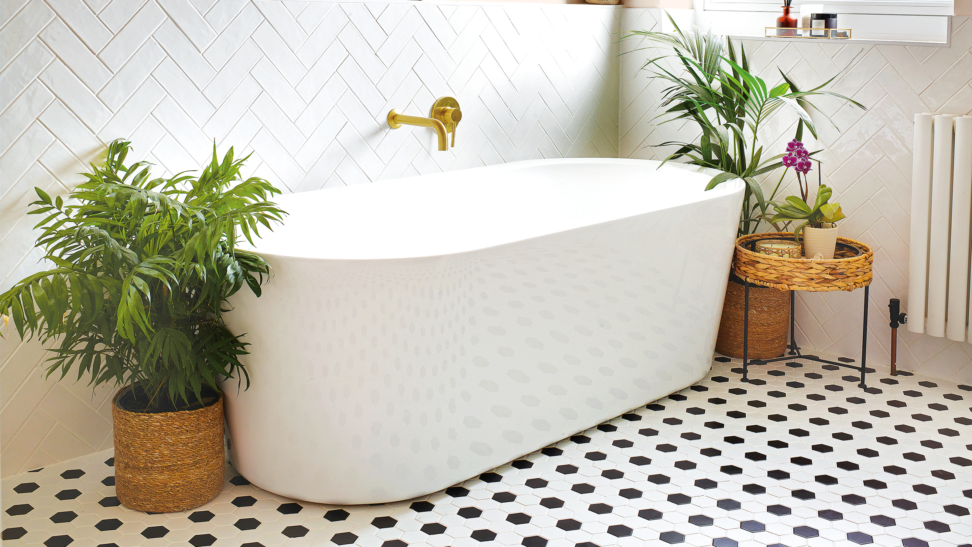 Polka dot tile flooring in bathroom