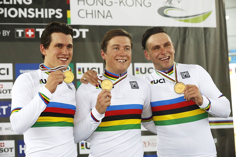 Ethan Mitchell, Sam Webster, and Edward Dawkins with the team sprint gold