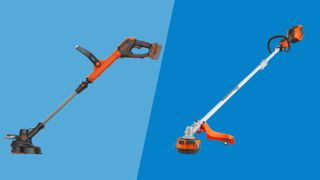 string trimmer vs lawn edger on blue background