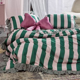 Urban Outfitters Pink & Green Stripe Ruffle Double Duvet Set