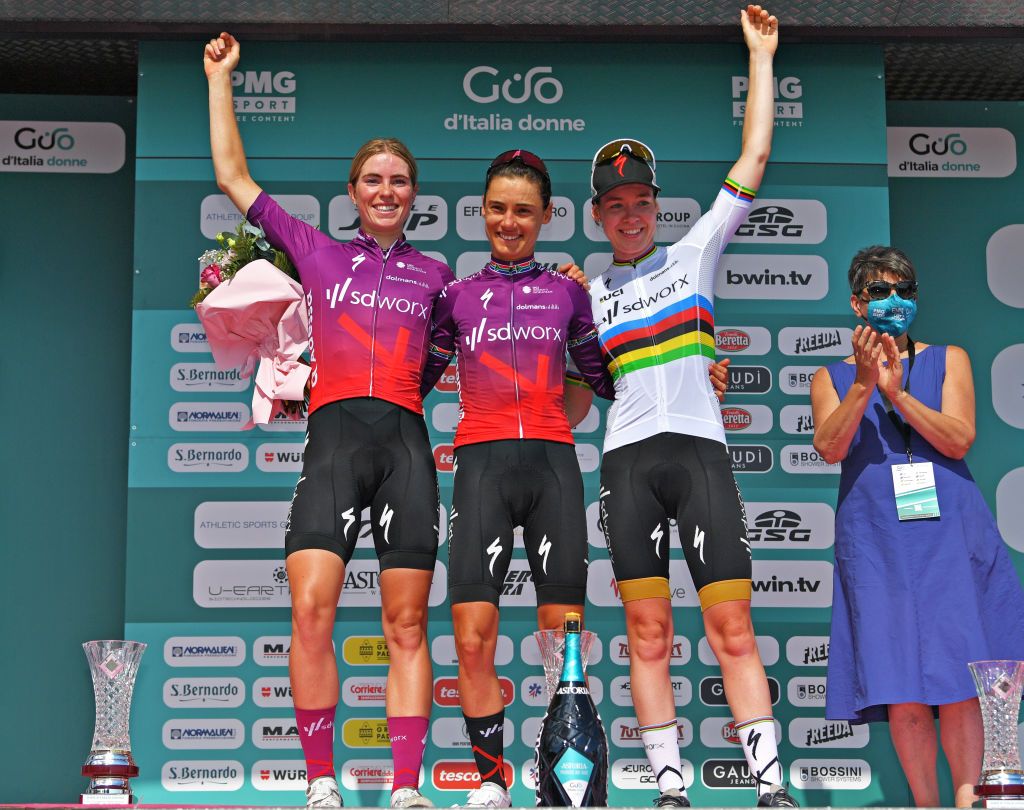 MONTE MATAJUR ITALY JULY 10 Demi Vollering of Netherlands Ashleigh Moolman Pasio of South Africa Anna Van Der Breggen of Netherlands and Team SD Worx celebrate at podium during the 32nd Giro dItalia Internazionale Femminile 2021 Stage 9 a 1226km stage from FelettoUmberto to Monte Matajur 1267m GiroDonne UCIWWT on July 10 2021 in Monte Matajur Italy Photo by Luc ClaessenGetty Images